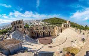 Ancient theater in a summer day in Acropolis Greece, Athnes