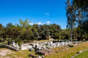 Panoramic view of ancient Athenian Agora archeological area with ruins of Metroon