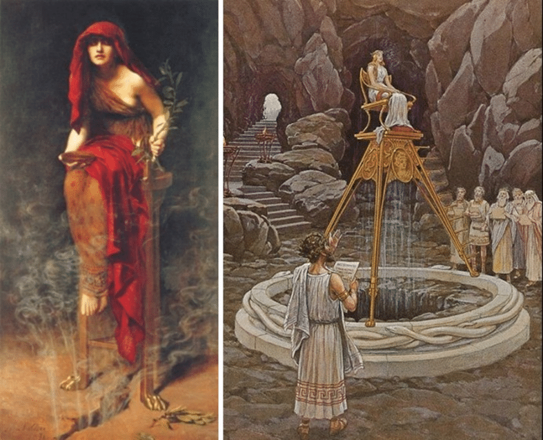 Priestess of Delphi (1891) by John Collier, showing the Pythia sitting on a tripod with vapor rising from a crack in the earth beneath her. (right) - Pythia, the Delphi Oracle. J. Augustus Knap (left)