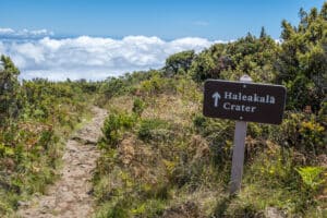 A description board for the trail in Haleakala National Park, Hawaii. Maui