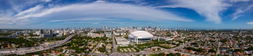 Aerial panorama Miami Marlins Park and Little Havana