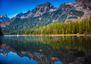 Fly fisherman casts in lake in Grand Teton National Park.
