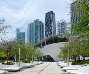 Frost Museum and Miami skyline from Knight Plaza