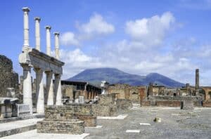 Pompeii’s forum framed by Mount Vesuvius.