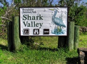 Shark Valley sign board in Everglades National Park.